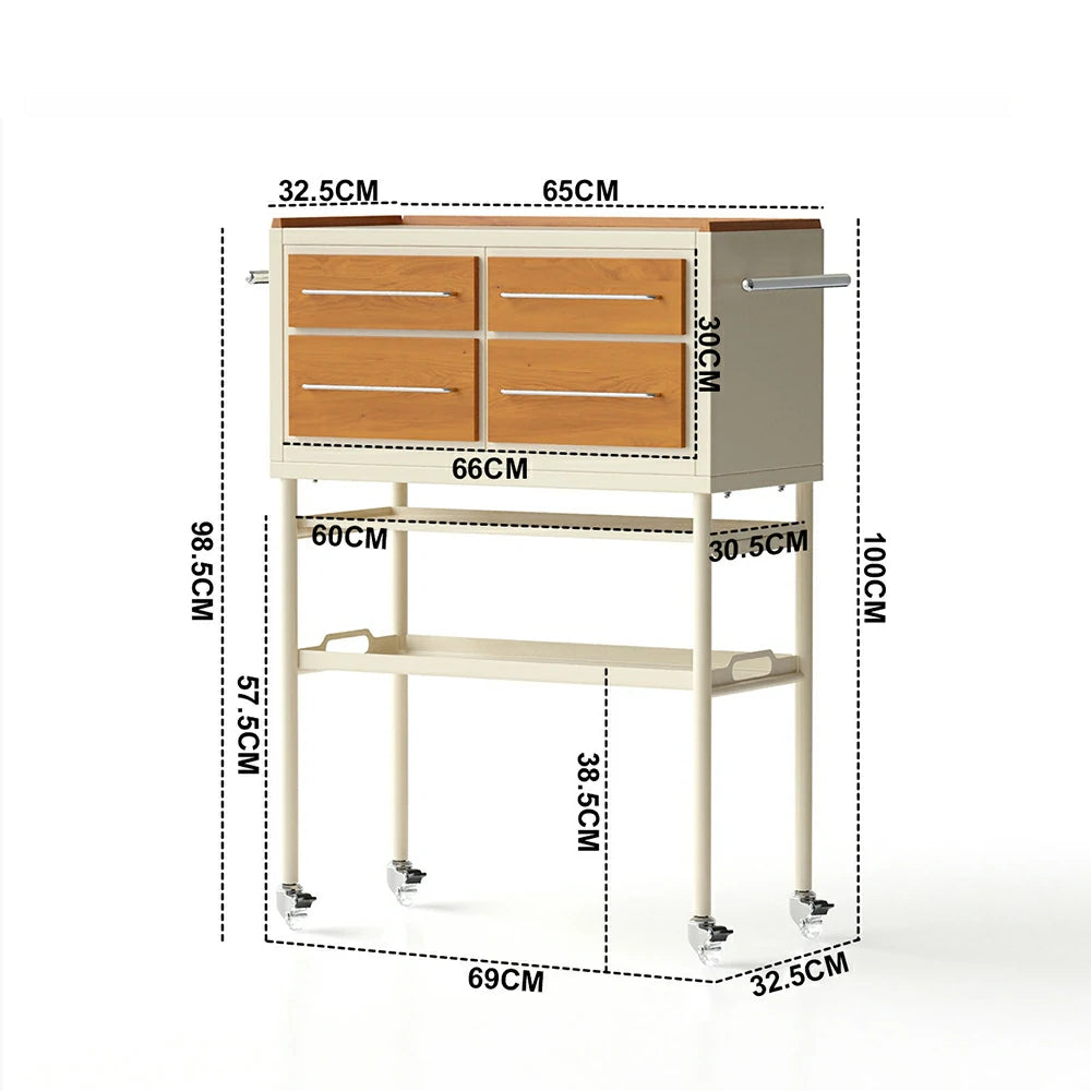 LIVARA Vintage Storage Cart - 4-Drawer Cabinet with Solid Wood Panels, Open Shelf & Lockable Casters, Mid-Century Organizer Trolley - Cream White