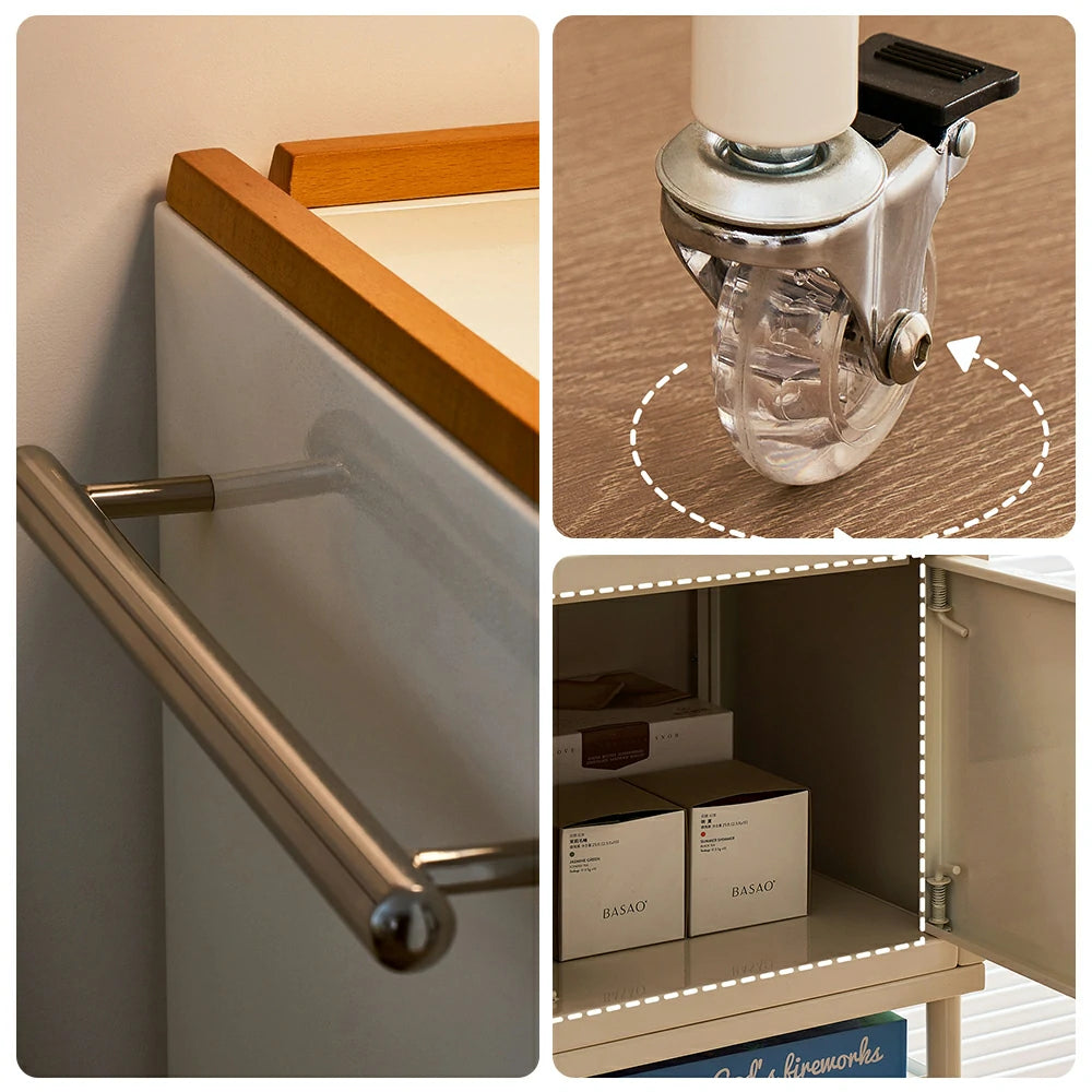 LIVARA Vintage Storage Cart - 4-Drawer Cabinet with Solid Wood Panels, Open Shelf & Lockable Casters, Mid-Century Organizer Trolley - Cream White