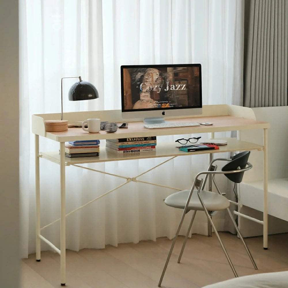 LIVARA Minimalist Study Desk - Dual-Tier Workstation with Steel Frame Support, Raised Back Panel, Spacious Storage Shelf, Modern Home Office Table - Cream White