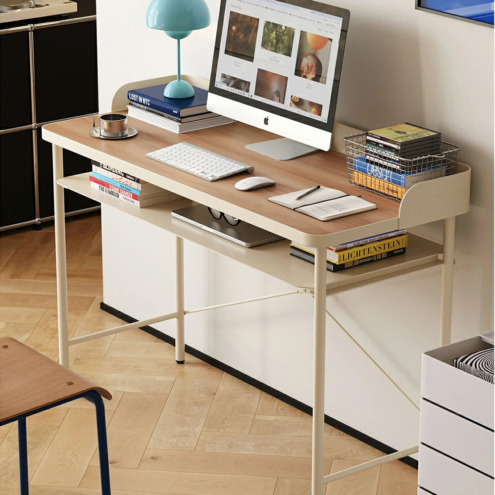 LIVARA Minimalist Study Desk - Dual-Tier Workstation with Steel Frame Support, Raised Back Panel, Spacious Storage Shelf, Modern Home Office Table - Cream White