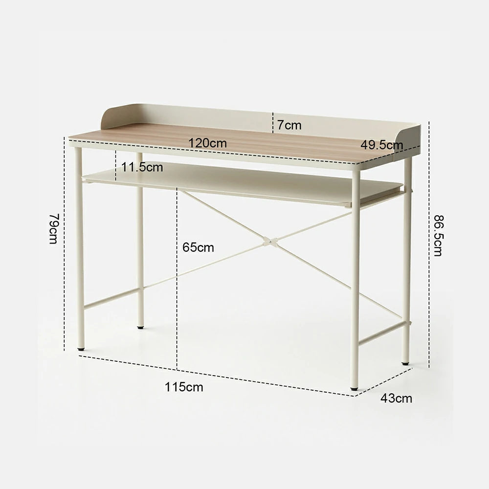 LIVARA Minimalist Study Desk - Dual-Tier Workstation with Steel Frame Support, Raised Back Panel, Spacious Storage Shelf, Modern Home Office Table - Cream White