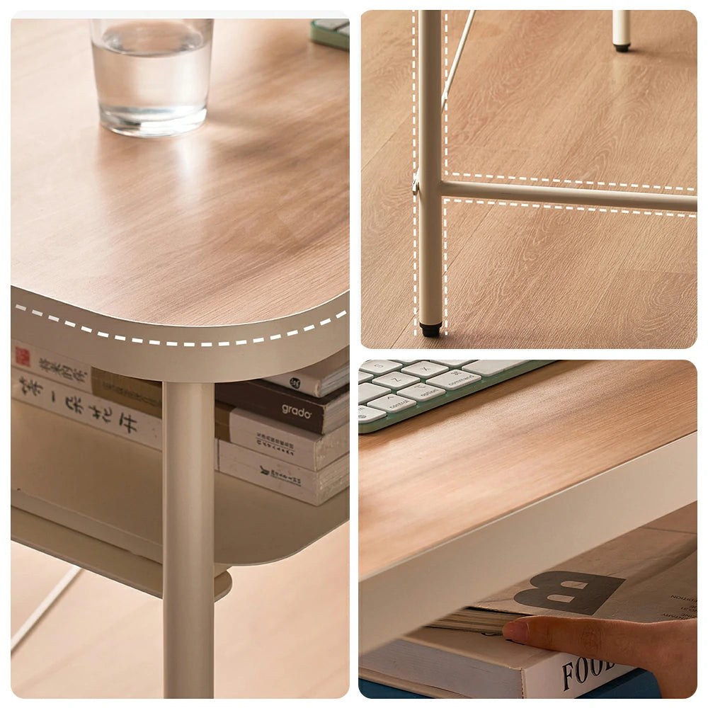 LIVARA Minimalist Study Desk - Dual-Tier Workstation with Steel Frame Support, Raised Back Panel, Spacious Storage Shelf, Modern Home Office Table - Cream White