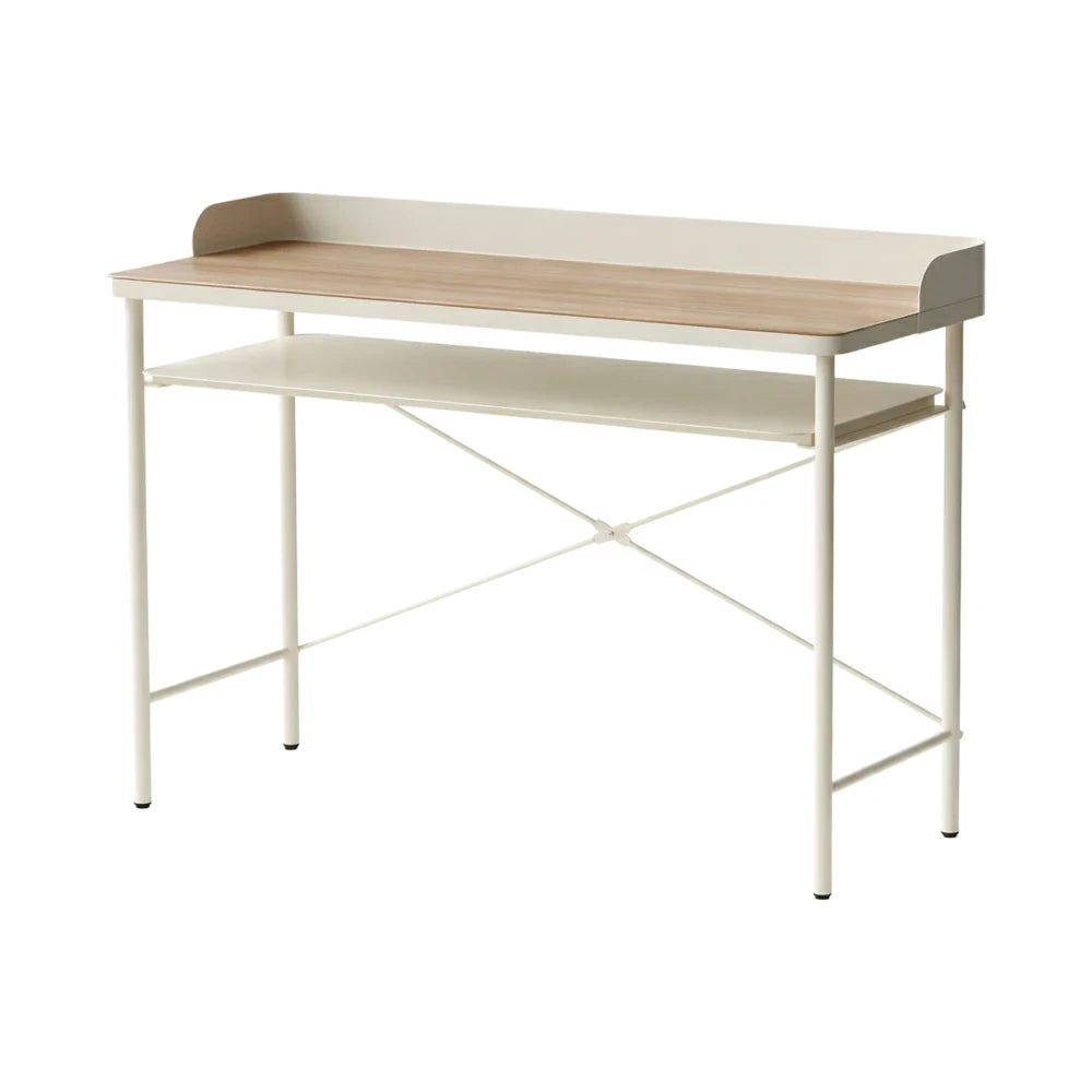 LIVARA Minimalist Study Desk - Dual-Tier Workstation with Steel Frame Support, Raised Back Panel, Spacious Storage Shelf, Modern Home Office Table - Cream White