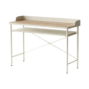 LIVARA Minimalist Study Desk - Dual-Tier Workstation with Steel Frame Support, Raised Back Panel, Spacious Storage Shelf, Modern Home Office Table - Cream White