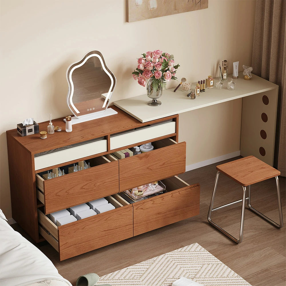 LIVARA 8802 Solid Wood Vanity Cabinet, 18mm Ultra-Flat Plywood with Cherry Veneer, Soft-Close Tracks, Sliding & Rotating Design - Wood and White