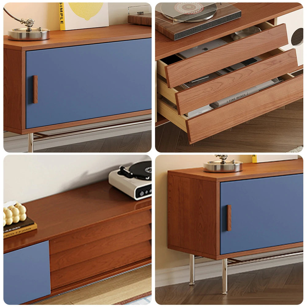 LIVARA 8805 Solid Wood Storage Cabinet, 18mm Ultra-Flat Plywood with Cherry Veneer, Soft-Close Tracks, Stainless Steel Legs, Modern Design