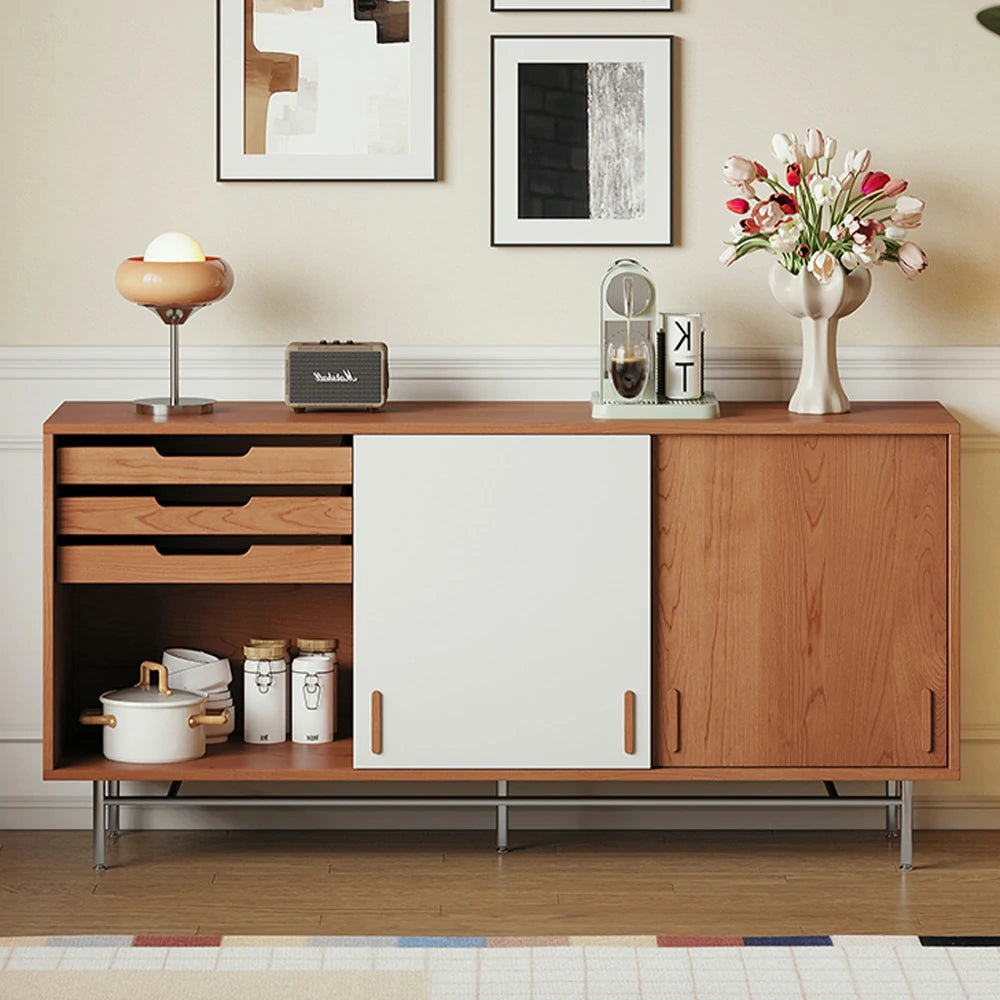 LIVARA 8806 Solid Wood Storage Cabinet, Soft-Close Tracks, Adjustable Shelves, Stainless Steel Legs - Wood and White