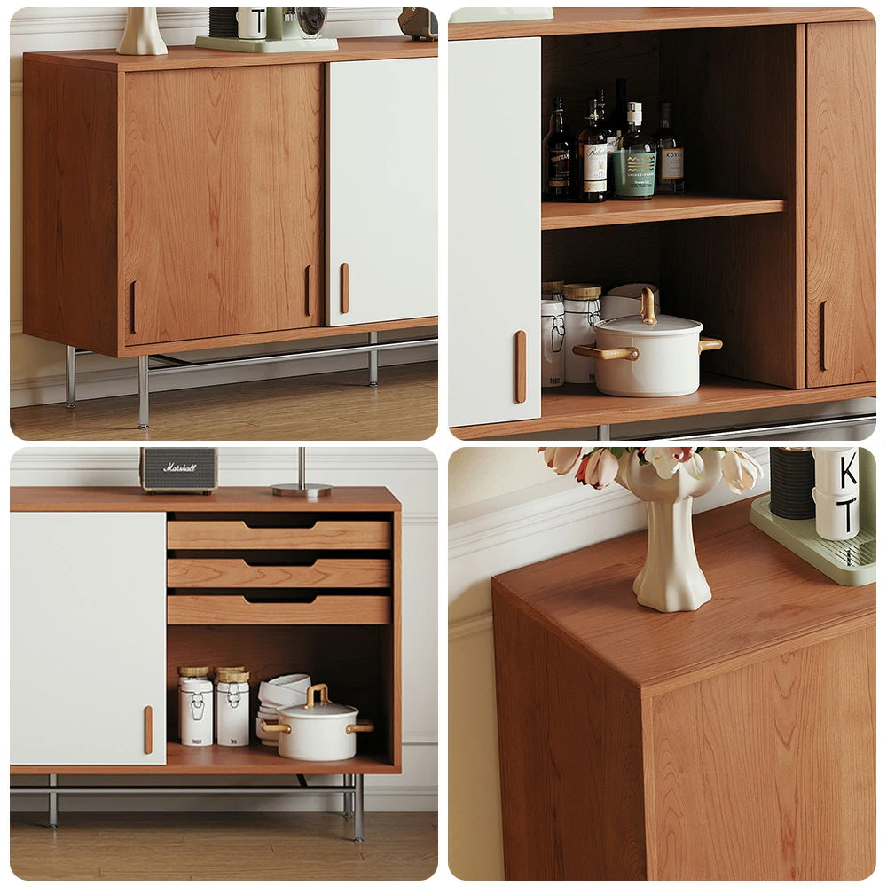 LIVARA 8806 Solid Wood Storage Cabinet, Soft-Close Tracks, Adjustable Shelves, Stainless Steel Legs - Wood and White