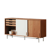 LIVARA 8806 Solid Wood Storage Cabinet, Soft-Close Tracks, Adjustable Shelves, Stainless Steel Legs - Wood and White