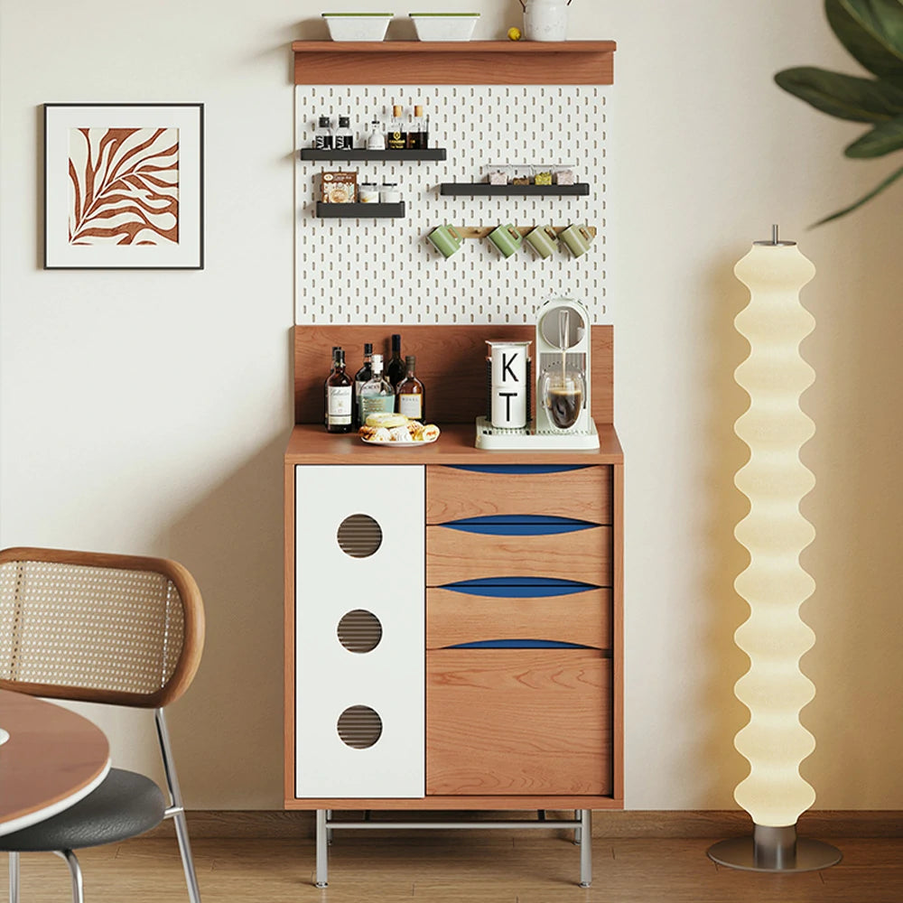 LIVARA 70cm White Pegboard Coffee Cabinet - Adjustable Shelves, Soft-Close Drawers, Cherry Wood Texture, Stainless Steel Legs