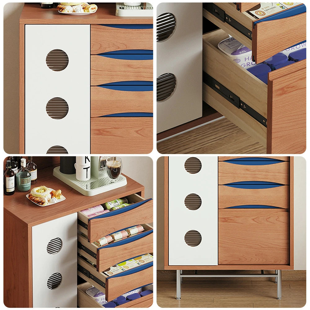 LIVARA 70cm White Pegboard Coffee Cabinet - Adjustable Shelves, Soft-Close Drawers, Cherry Wood Texture, Stainless Steel Legs