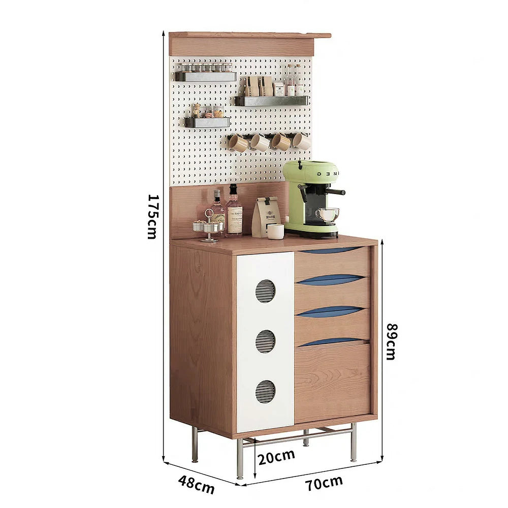 LIVARA 70cm White Pegboard Coffee Cabinet - Adjustable Shelves, Soft-Close Drawers, Cherry Wood Texture, Stainless Steel Legs