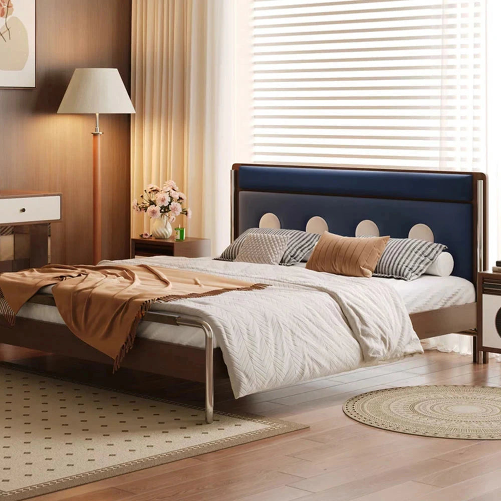 LUXORA 9901 150cm Cloud Velvet Bed, Solid Larch Wood Frame, Cherry Wood Accents, Stainless Steel Footboard - Blue