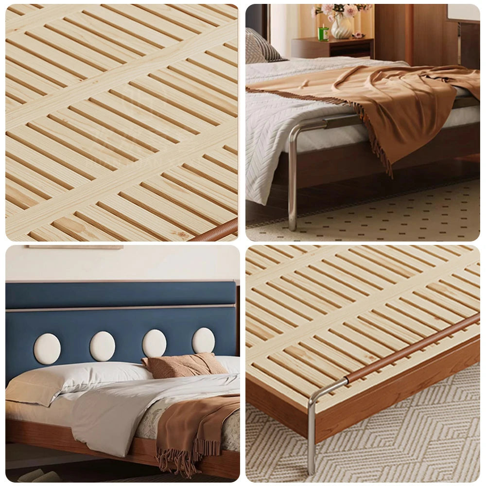 LUXORA 9901 150cm Cloud Velvet Bed, Solid Larch Wood Frame, Cherry Wood Accents, Stainless Steel Footboard - Blue