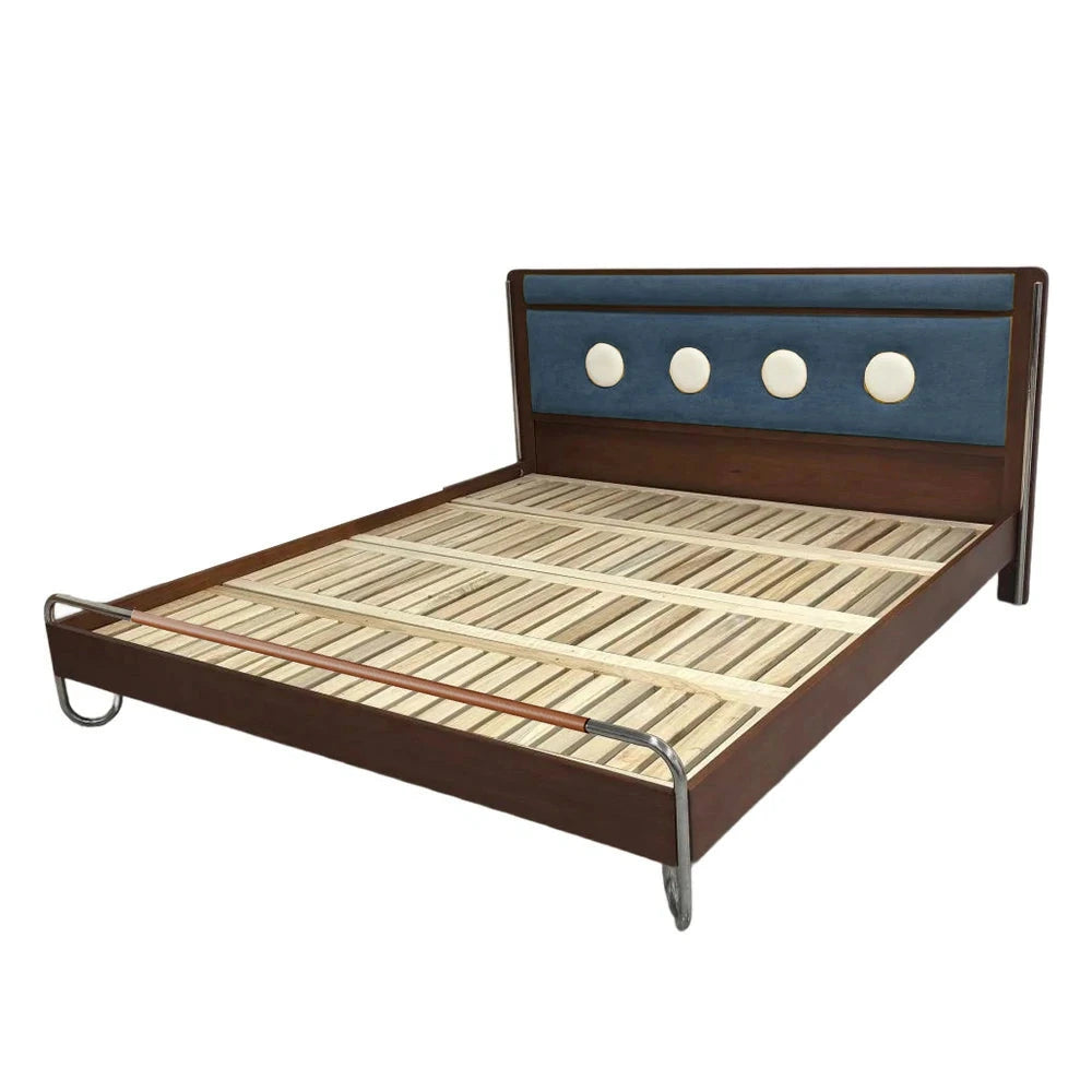 LUXORA 9901 150cm Cloud Velvet Bed, Solid Larch Wood Frame, Cherry Wood Accents, Stainless Steel Footboard - Blue