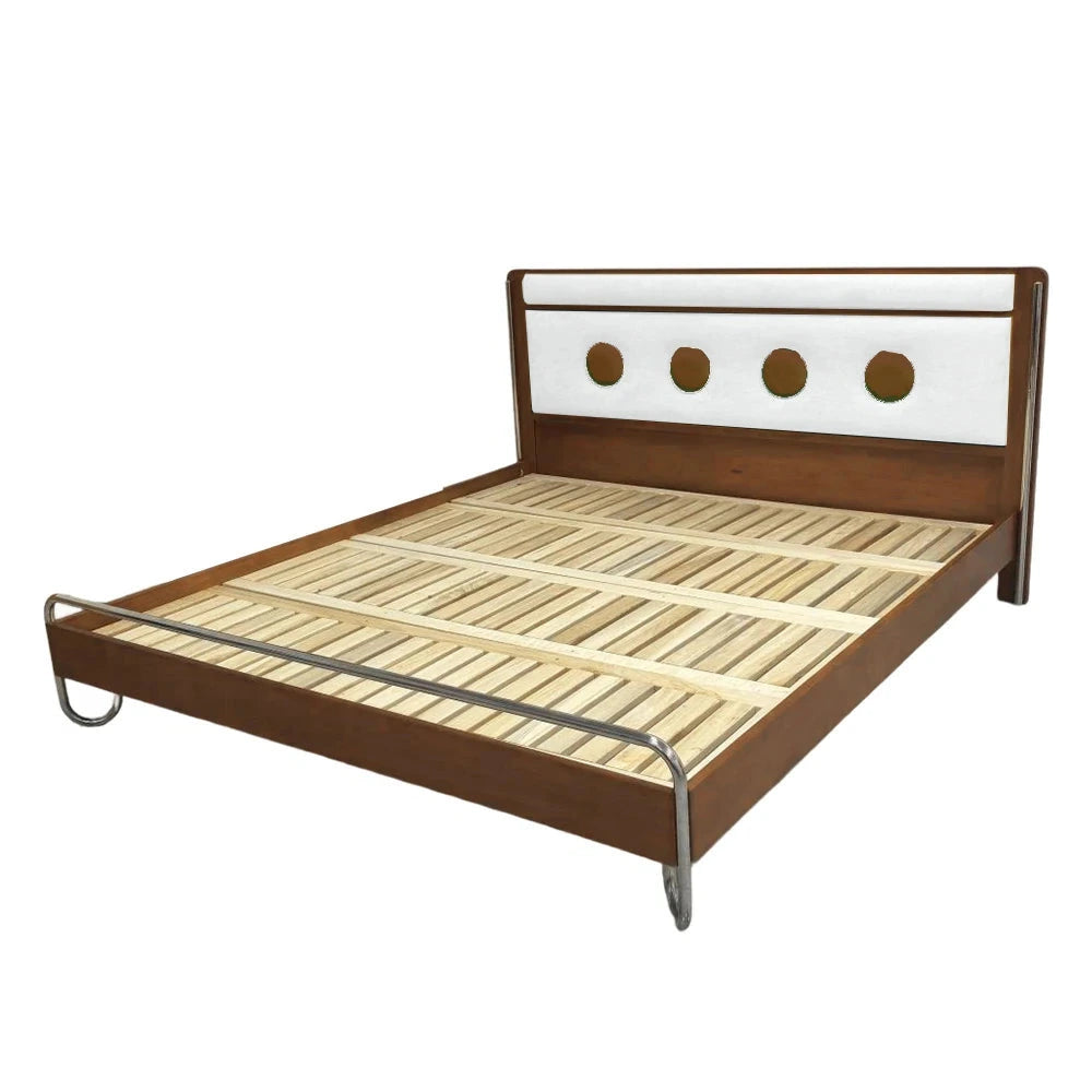 LUXORA 9901 150cm Cloud Velvet Bed, Solid Larch Wood Frame, Cherry Wood Accents, Stainless Steel Footboard - White