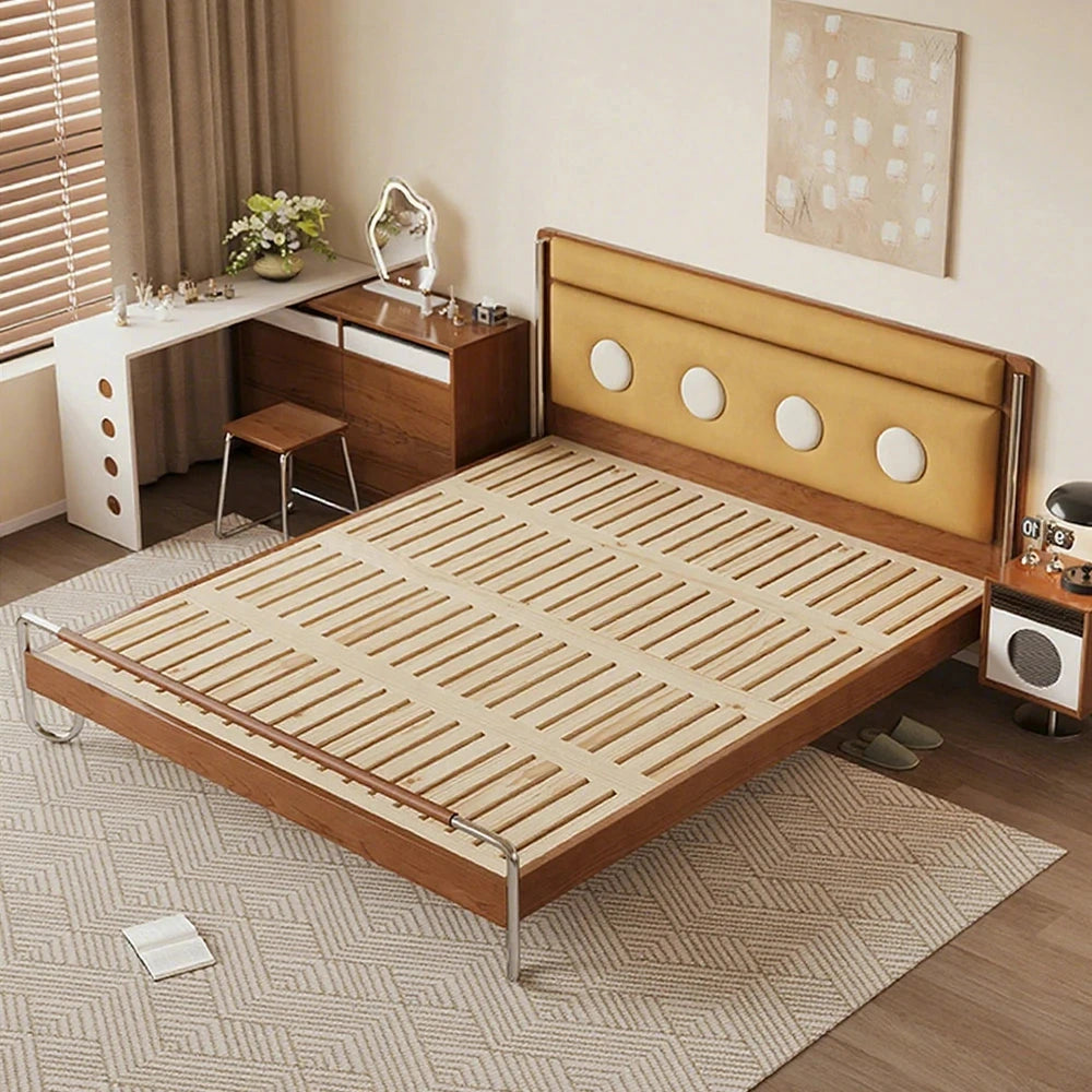 LUXORA 9901 150cm Cloud Velvet Bed, Solid Larch Wood Frame, Cherry Wood Accents, Stainless Steel Footboard - Yellow