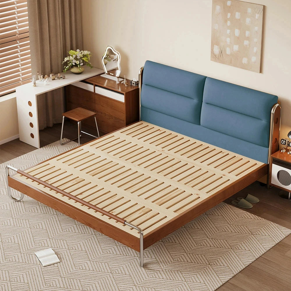 LUXORA 9902 150/180cm Cloud Velvet Bed, Solid Larch Wood Frame, Cherry Wood Accents, Stainless Steel Footboard, Wingback Design - Blue