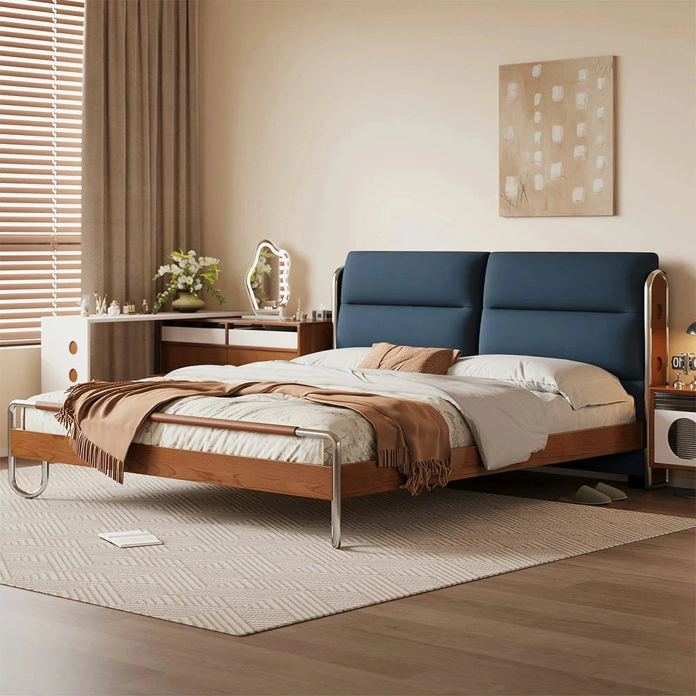 LUXORA 9902 150/180cm Cloud Velvet Bed, Solid Larch Wood Frame, Cherry Wood Accents, Stainless Steel Footboard, Wingback Design - Blue