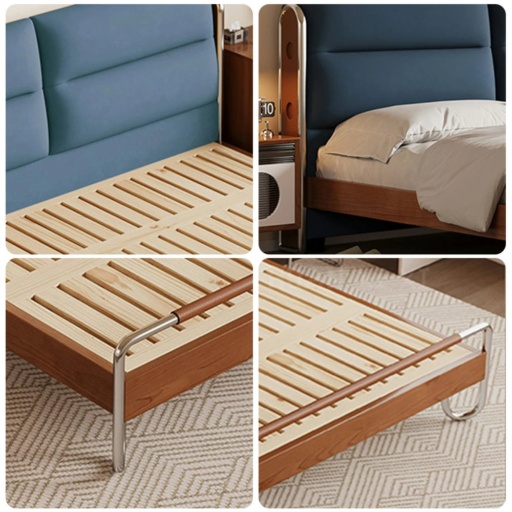 LUXORA 9902 150/180cm Cloud Velvet Bed, Solid Larch Wood Frame, Cherry Wood Accents, Stainless Steel Footboard, Wingback Design - Blue