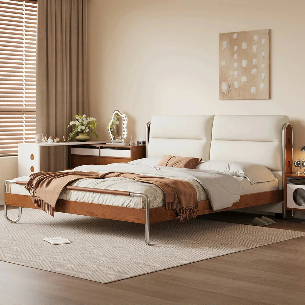 LUXORA 9902 150/180cm Cloud Velvet Bed, Solid Larch Wood Frame, Cherry Wood Accents, Stainless Steel Footboard, Wingback Design - White