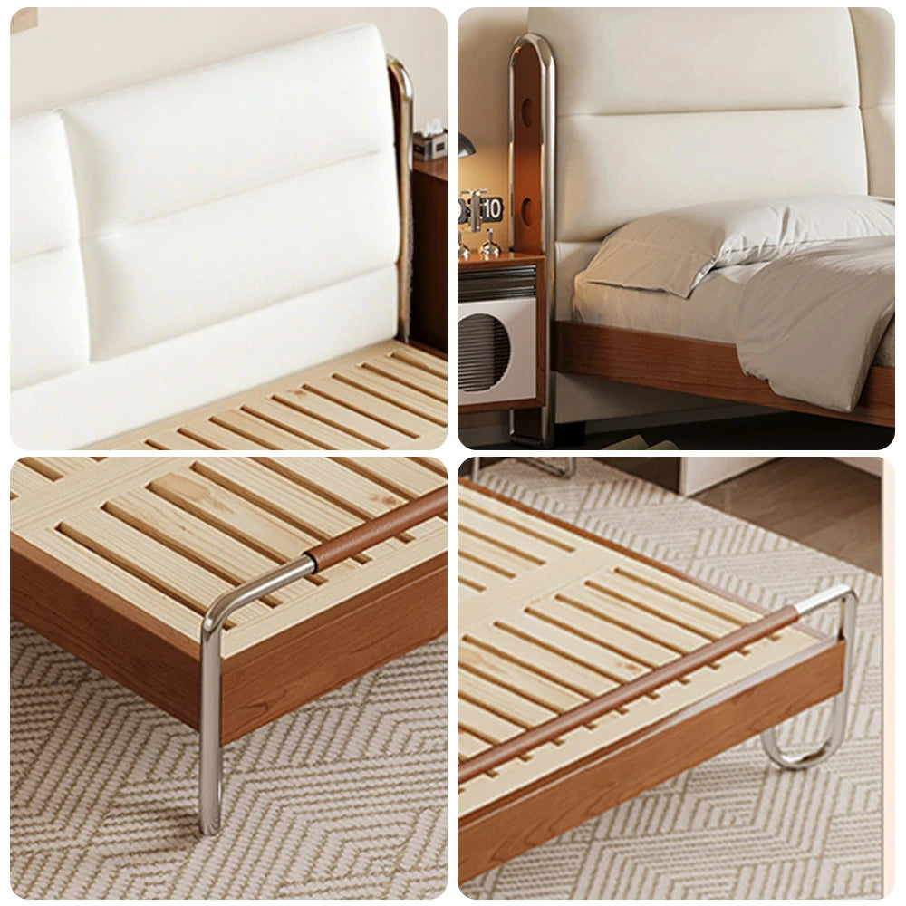 LUXORA 9902 150/180cm Cloud Velvet Bed, Solid Larch Wood Frame, Cherry Wood Accents, Stainless Steel Footboard, Wingback Design - White