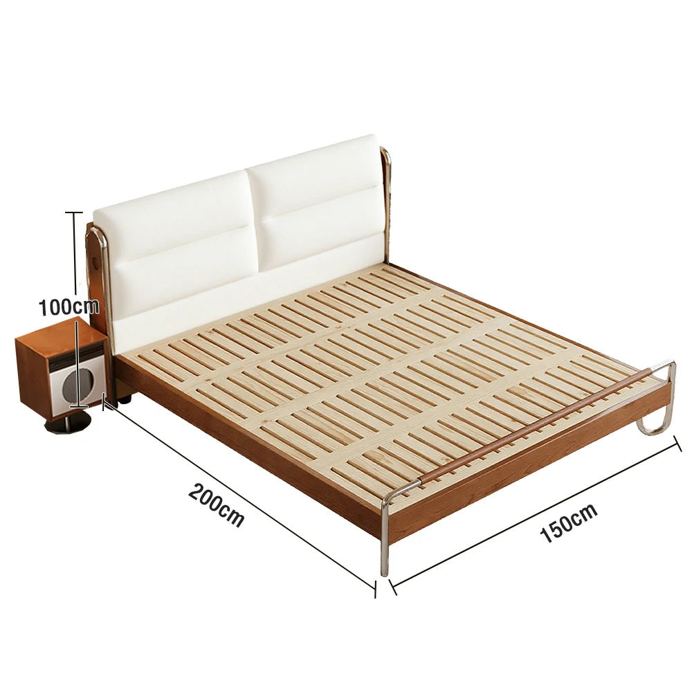 LUXORA 9902 150/180cm Cloud Velvet Bed, Solid Larch Wood Frame, Cherry Wood Accents, Stainless Steel Footboard, Wingback Design - White