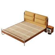LUXORA 9902 150/180cm Cloud Velvet Bed, Solid Larch Wood Frame, Cherry Wood Accents, Stainless Steel Footboard, Wingback Design - Yellow
