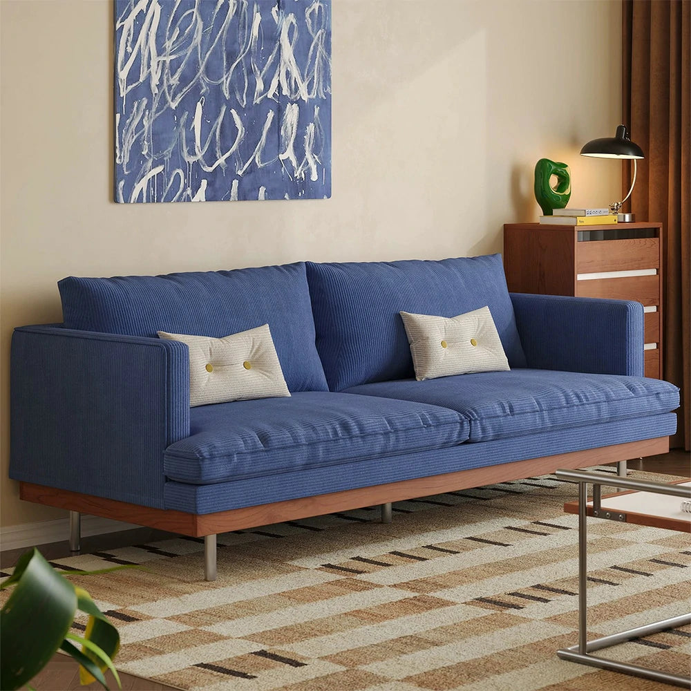 LUXORA 9951 220cm Corduroy Straight Sofa, Solid Larch Frame, Plush Filling, Rubberwood Base, Stainless Steel Legs - Blue