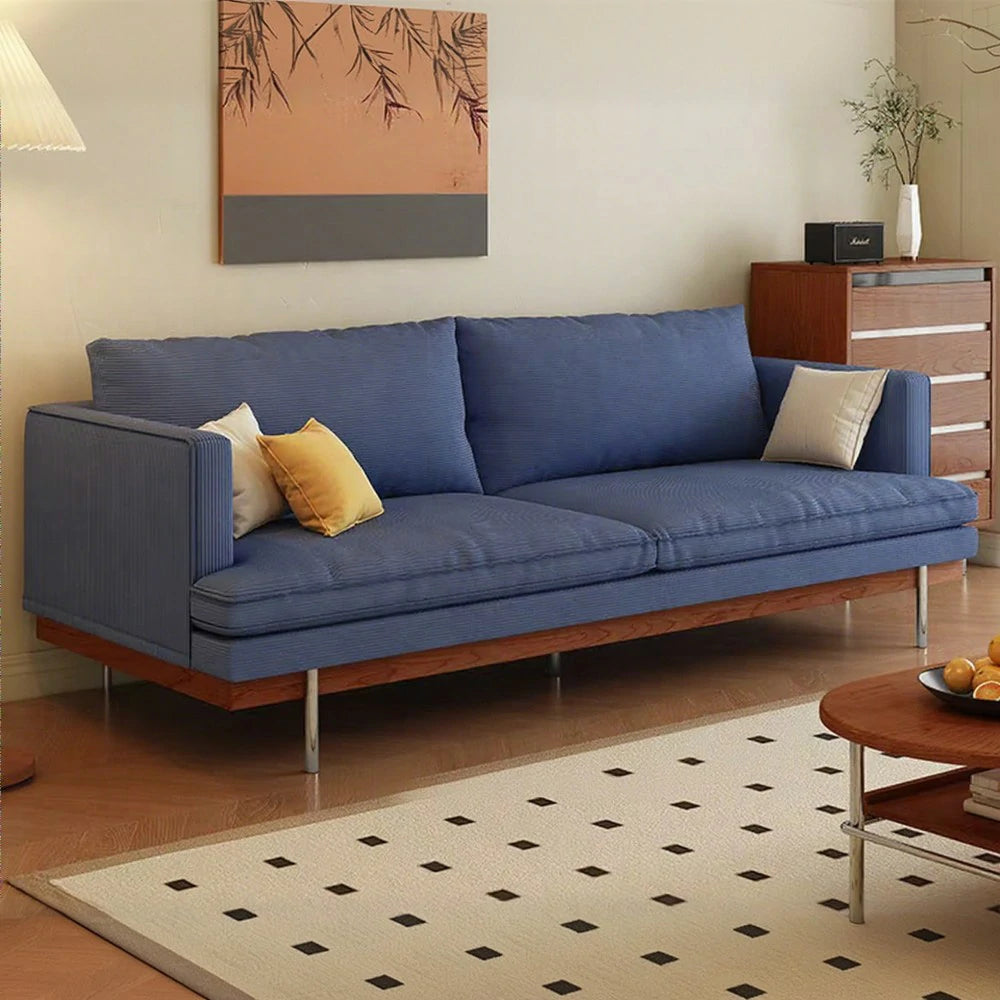 LUXORA 9951 220cm Corduroy Straight Sofa, Solid Larch Frame, Plush Filling, Rubberwood Base, Stainless Steel Legs - Blue