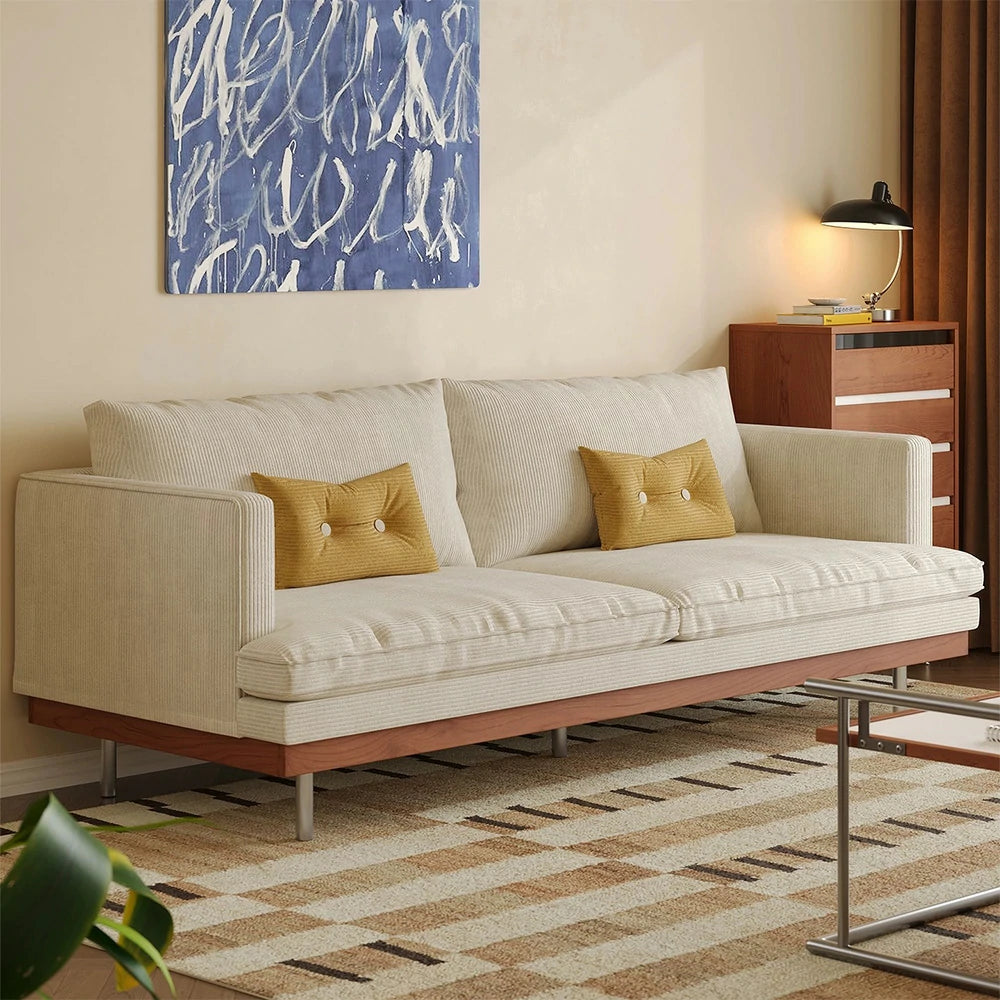 LUXORA 9951 220cm Corduroy Straight Sofa, Solid Larch Frame, Plush Filling, Rubberwood Base, Stainless Steel Legs - White