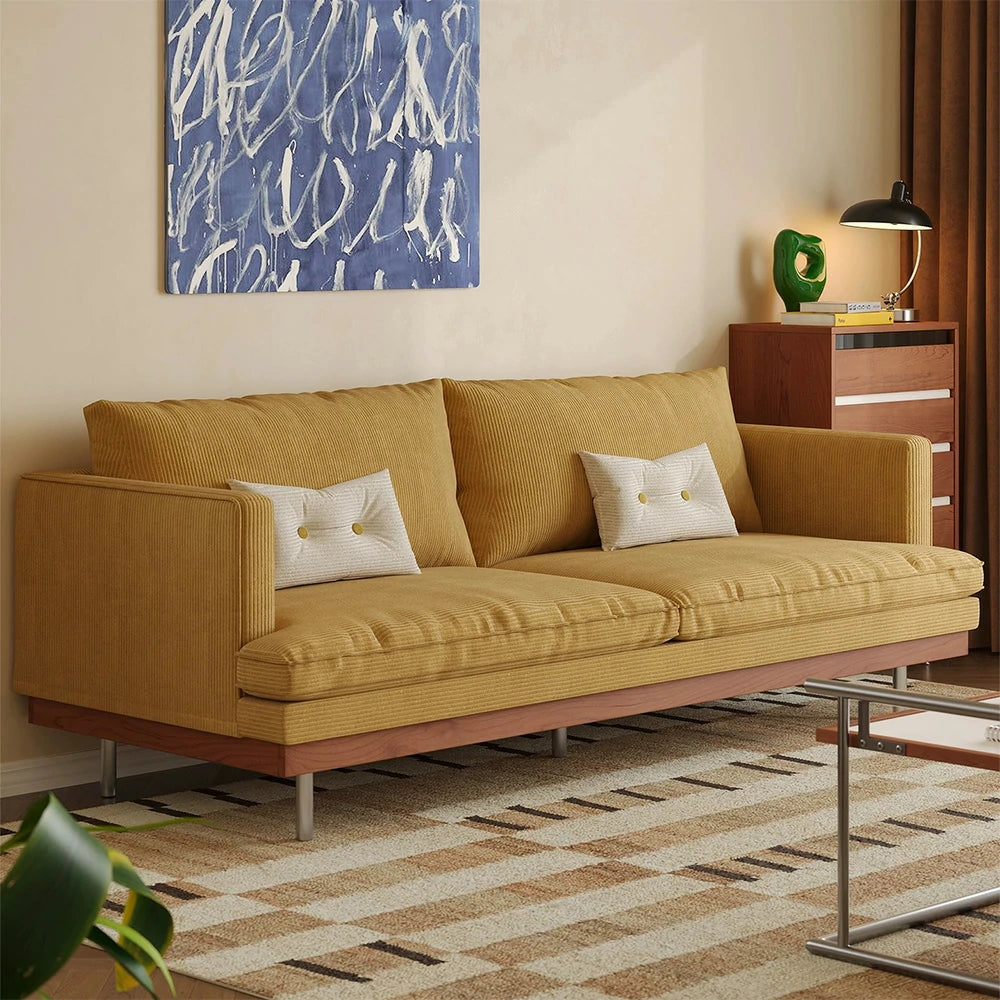 LUXORA 9951 220cm Corduroy Straight Sofa, Solid Larch Frame, Plush Filling, Rubberwood Base, Stainless Steel Legs - Yellow