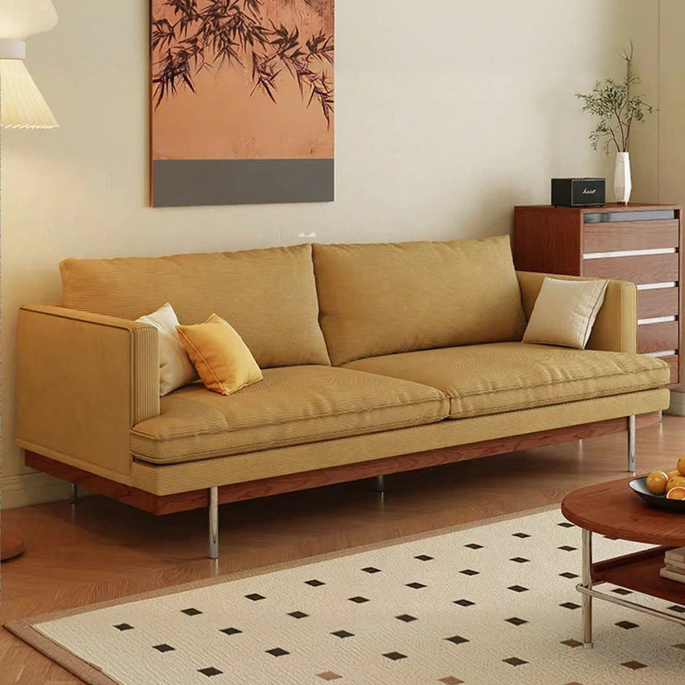 LUXORA 9951 220cm Corduroy Straight Sofa, Solid Larch Frame, Plush Filling, Rubberwood Base, Stainless Steel Legs - Yellow
