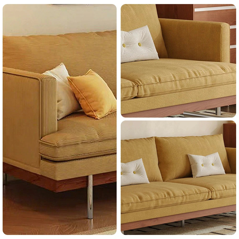 LUXORA 9951 220cm Corduroy Straight Sofa, Solid Larch Frame, Plush Filling, Rubberwood Base, Stainless Steel Legs - Yellow