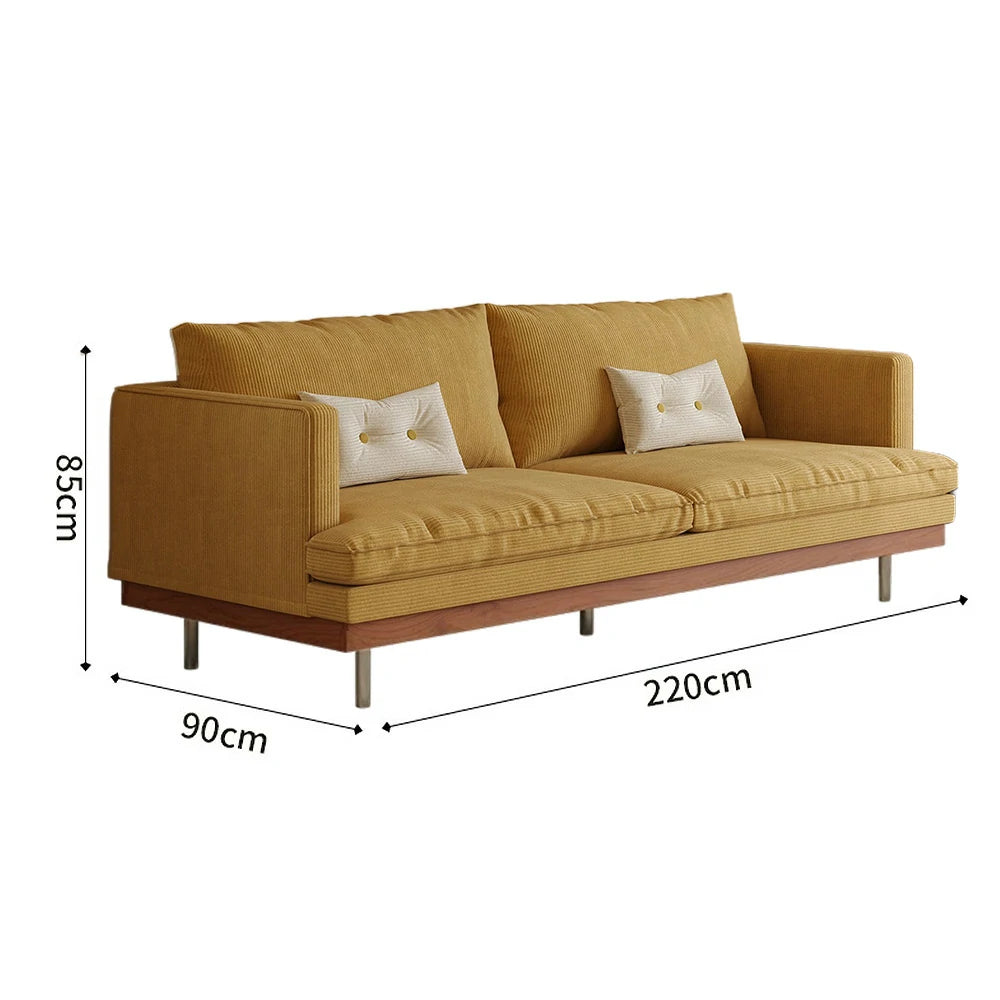 LUXORA 9951 220cm Corduroy Straight Sofa, Solid Larch Frame, Plush Filling, Rubberwood Base, Stainless Steel Legs - Yellow
