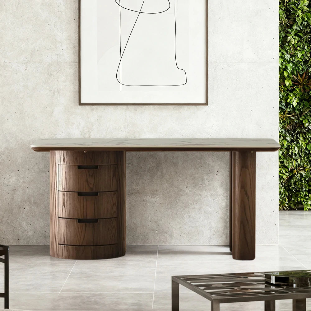 LUXORA 140/160cm Modern Minimalist Desk Sintered Stone Top Wooden Legs Hidden Storage Space Ideal for Home Office - Brown