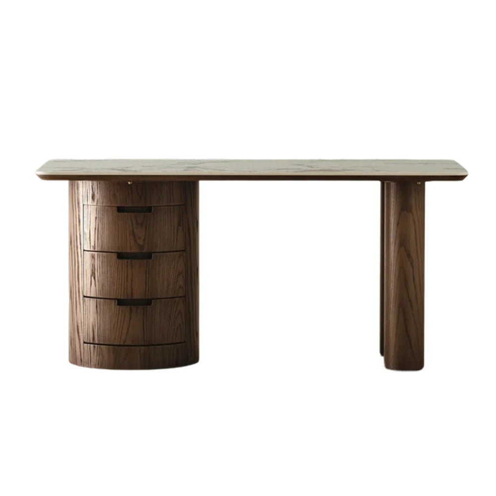 LUXORA 140/160cm Modern Minimalist Desk Sintered Stone Top Wooden Legs Hidden Storage Space Ideal for Home Office - Brown