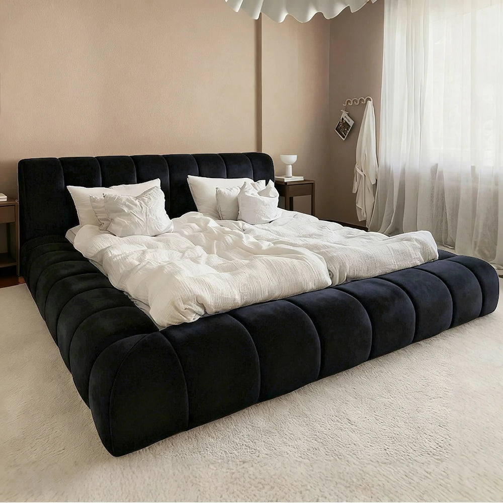 LUXORA Upholstered Bed Frame 150/180cm, Cotton-Linen Blend, Water-Resistant, High-Density Sponge Headboard, Reinforced Steel Frame - Black