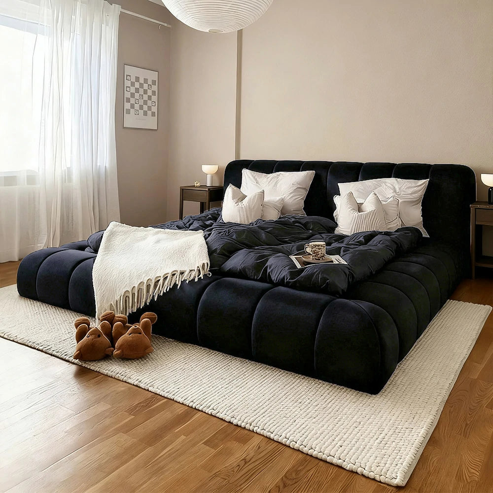 LUXORA Upholstered Bed Frame 150/180cm, Cotton-Linen Blend, Water-Resistant, High-Density Sponge Headboard, Reinforced Steel Frame - Black