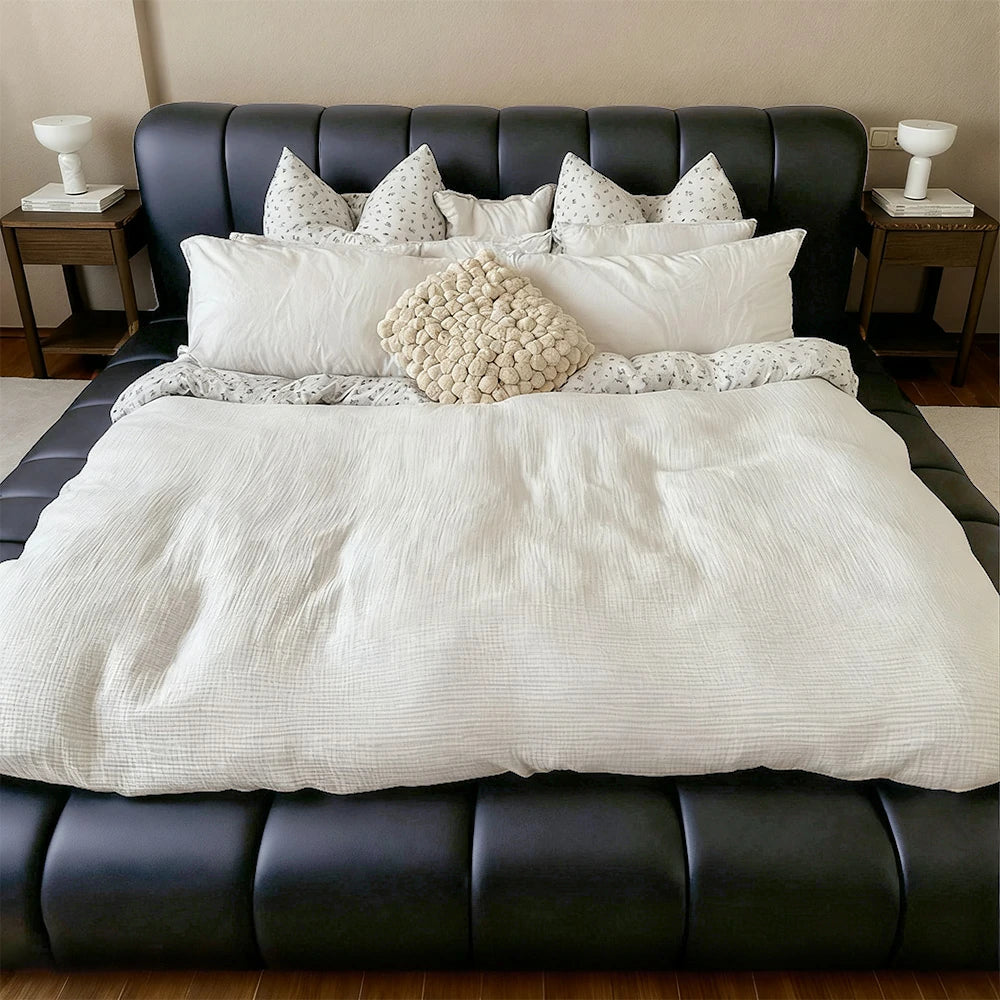 LUXORA Upholstered Bed Frame 150/180cm, Cotton-Linen Blend, Water-Resistant, High-Density Sponge Headboard, Reinforced Steel Frame - Black