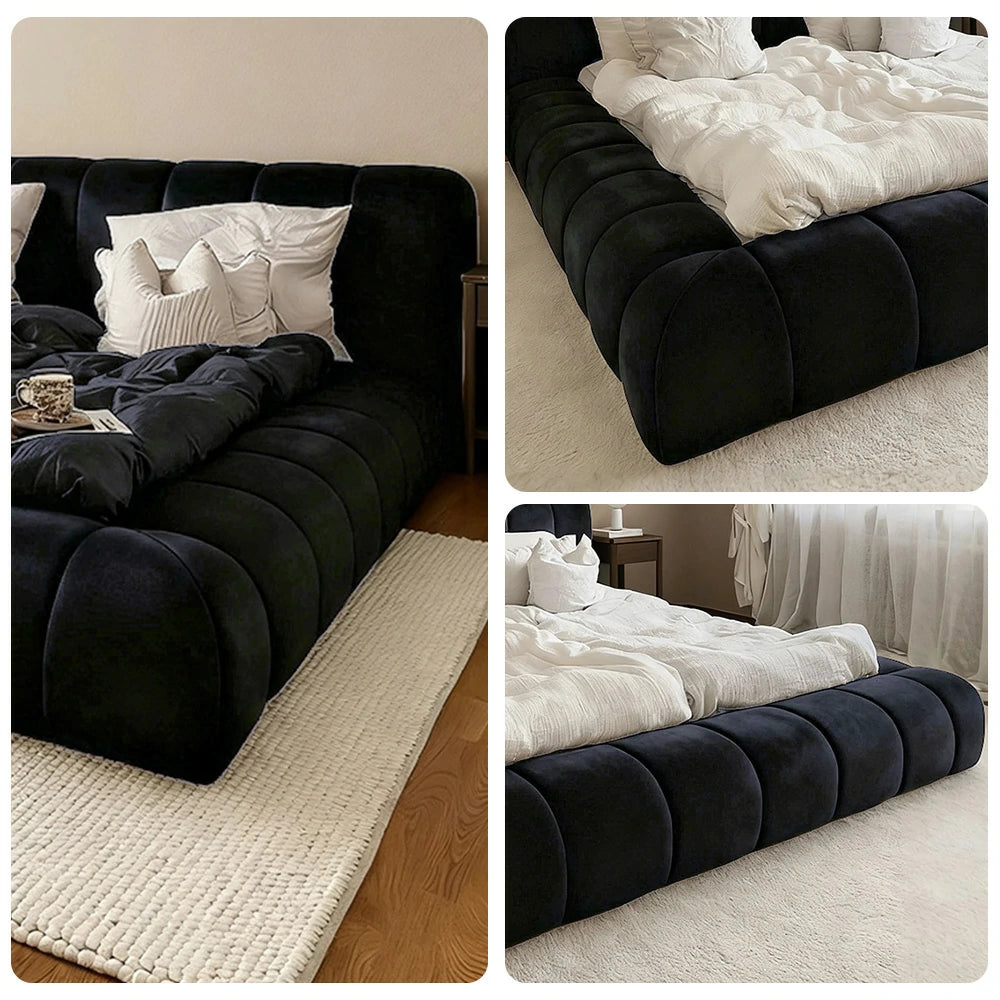 LUXORA Upholstered Bed Frame 150/180cm, Cotton-Linen Blend, Water-Resistant, High-Density Sponge Headboard, Reinforced Steel Frame - Black