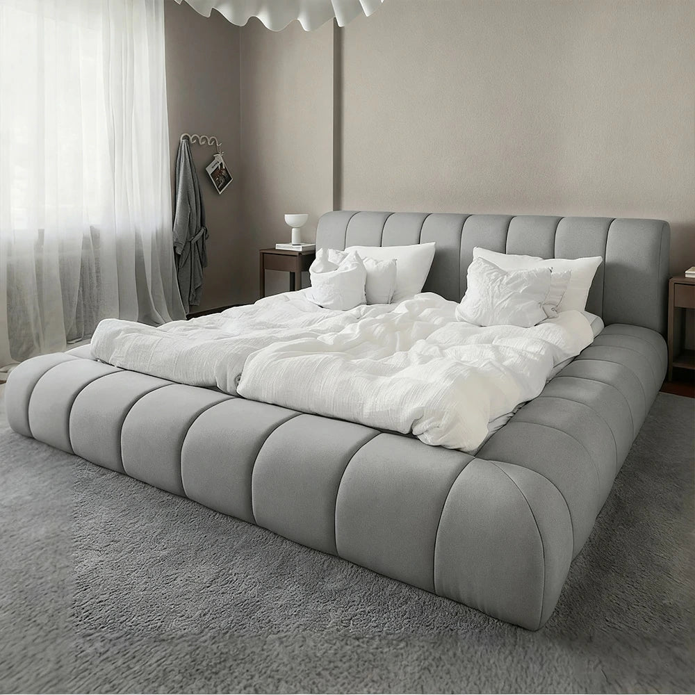 LUXORA Upholstered Bed Frame 150/180cm, Cotton-Linen Blend, Water-Resistant, High-Density Sponge Headboard, Reinforced Steel Frame - Grey