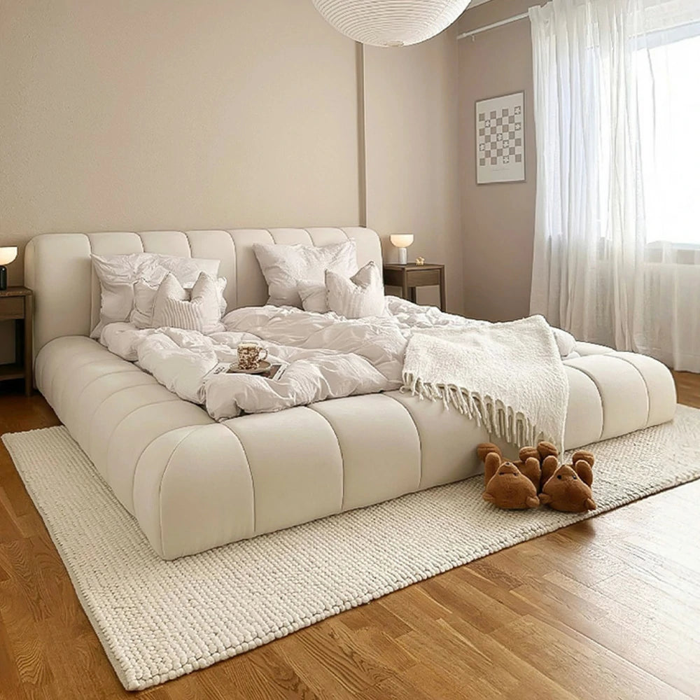 LUXORA Upholstered Bed Frame 150/180cm, Cotton-Linen Blend, Water-Resistant, High-Density Sponge Headboard, Reinforced Steel Frame - White