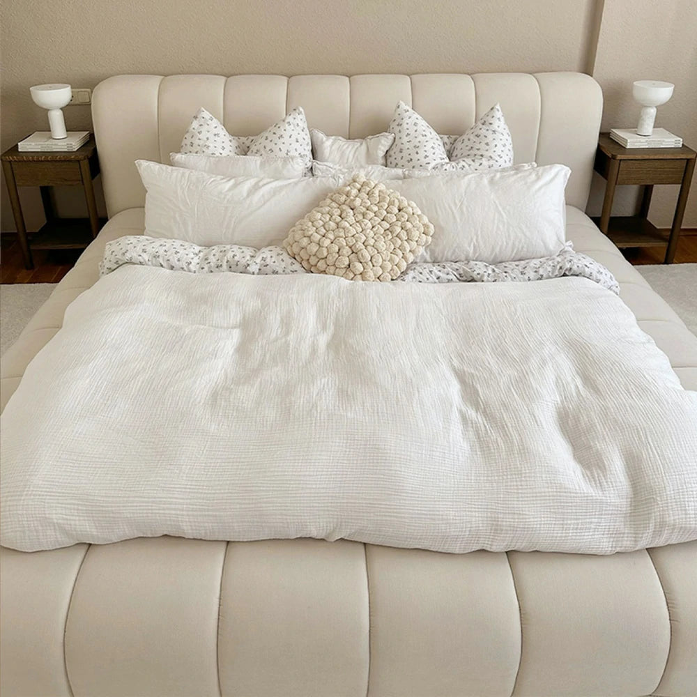 LUXORA Upholstered Bed Frame 150/180cm, Cotton-Linen Blend, Water-Resistant, High-Density Sponge Headboard, Reinforced Steel Frame - White