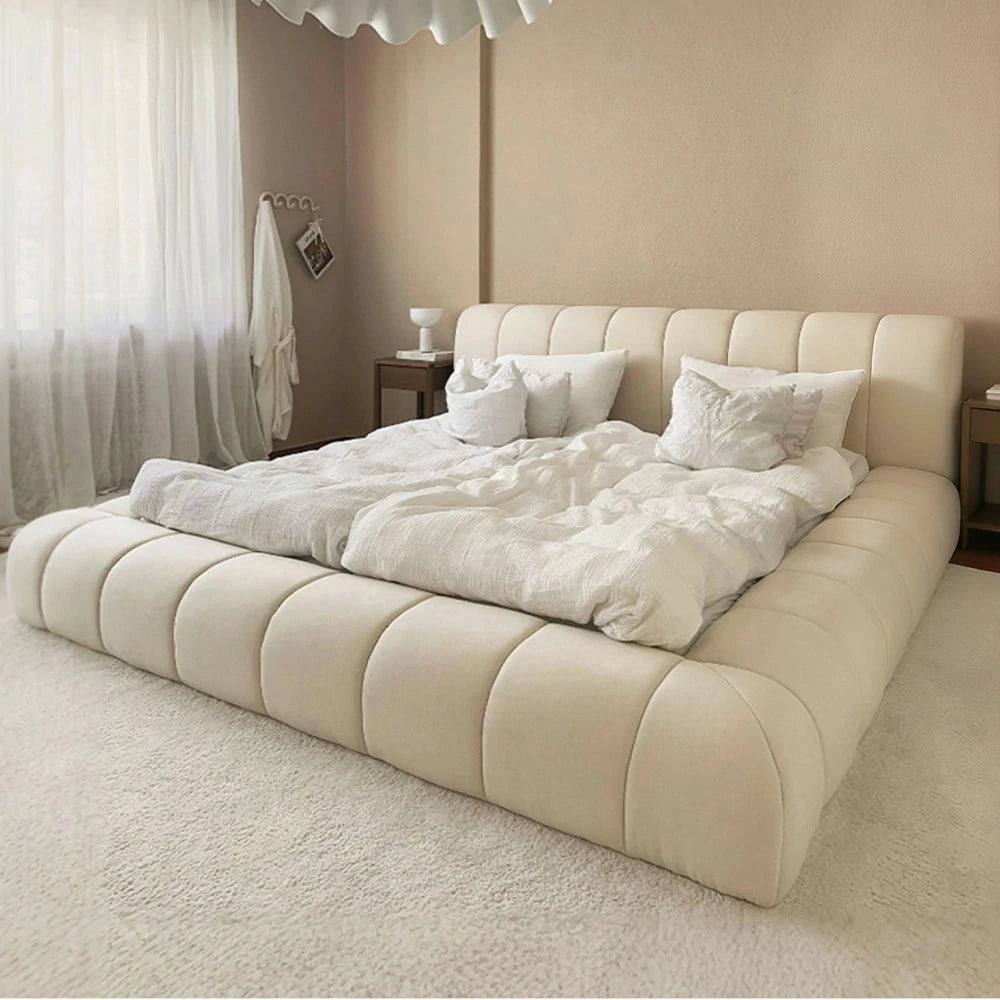 LUXORA Upholstered Bed Frame 150/180cm, Cotton-Linen Blend, Water-Resistant, High-Density Sponge Headboard, Reinforced Steel Frame - White