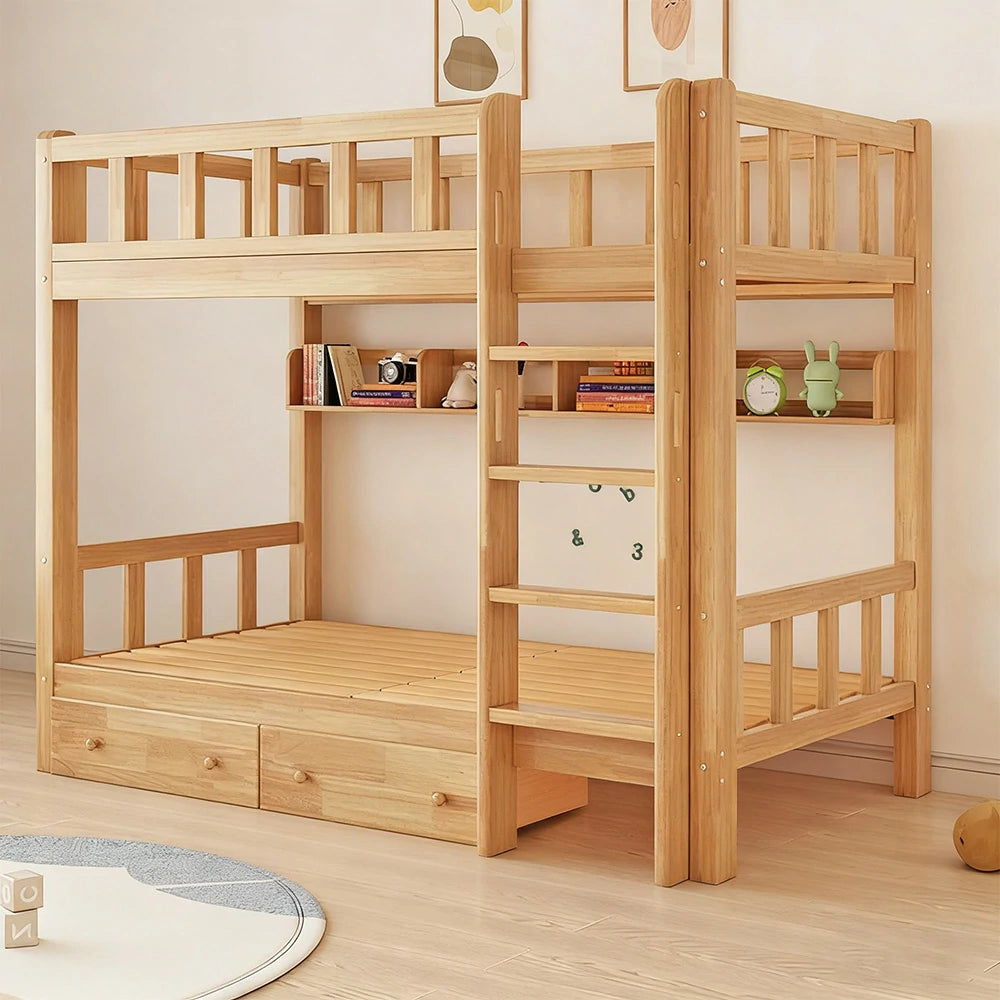 LUXORA Solid Rubber Wood Bunk Bed with Drawer & Bookshelf - 120/135/150cm, Durable Frame, Safe Guardrails, Practical Storage Design - Natural Wood