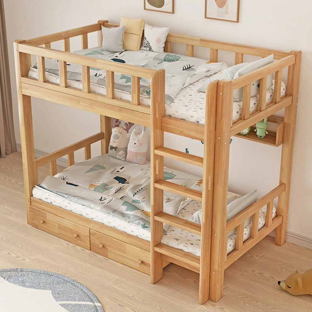 LUXORA Solid Rubber Wood Bunk Bed with Drawer & Bookshelf - 120/135/150cm, Durable Frame, Safe Guardrails, Practical Storage Design - Natural Wood