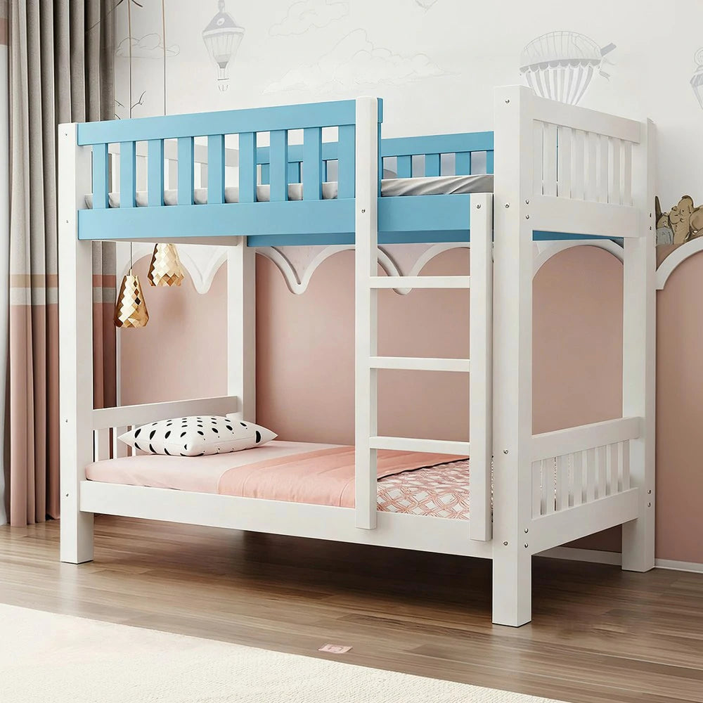 LUXORA Bunk Bed Eco-Friendly Solid Wood, 120/135/150cm, Wide Ladder with Protective Handrails, Reinforced Frame - Blue