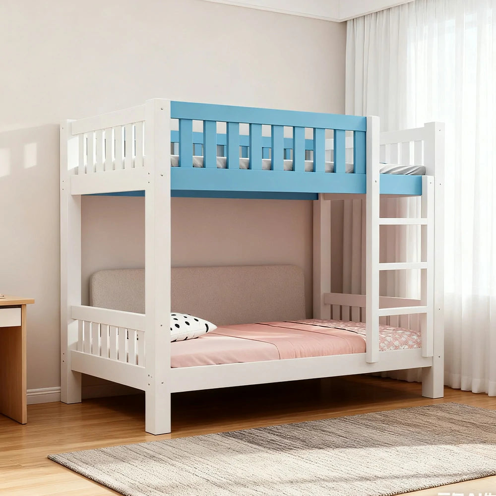 LUXORA Bunk Bed Eco-Friendly Solid Wood, 120/135/150cm, Wide Ladder with Protective Handrails, Reinforced Frame - Blue