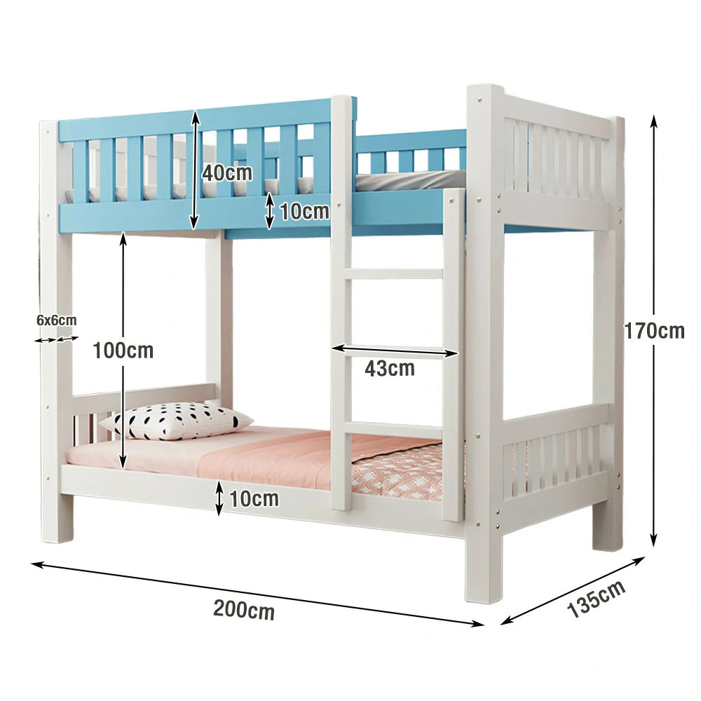 LUXORA Bunk Bed Eco-Friendly Solid Wood, 120/135/150cm, Wide Ladder with Protective Handrails, Reinforced Frame - Blue